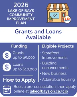 A promotional graphic for the 2026 Lake of Bays Community Improvement Plan. It shows an illustrated storefront and text stating that grants up to $5,000 and loans up to $10,000 are available. Eligible projects listed are storefront improvements, building enhancements, new business, and attainable housing. The graphic instructs applicants to book a pre‑consultation and apply online at lakeofbays.on.ca/cip.