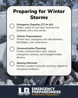 Winter storm checklist graphic with snowy background and tips on supplies, vehicles, communication, alerts.