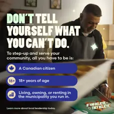 Community leadership call‑to‑action encouraging residents to step up and serve locally and learn more