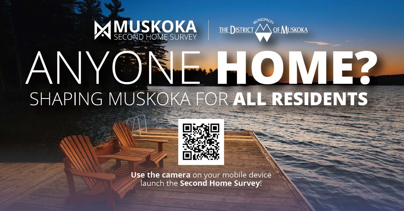 A header image of Muskoka chairs on a dock with a title that says "Anyone Home?" with a QR code prompting viewers to use their camera to scan the code and view the survey