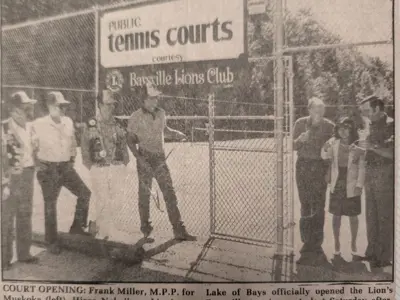 Frank Miller, M.P.P. for Lake of Bays, officially opened the Lion’s Muskoka (left), Hisae Nakajima, Lion’s exchange student from Japan (centre), and Malcolm Scott, mayor for the township of Lake of Bays officially opened the Lion's Baysville tennis courts.