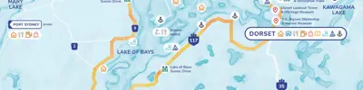 Tourism map for Lake of Bays area listing destination attractions