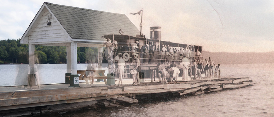 A picture of S.S. Mary Louise (1902) overlayed a current photo of the docks at Dwight Beach
