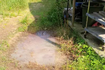 A wet, discoloured patch of ground, suggesting a spill or leakage. The area is surrounded by grass and tools, showing an outdoor setting where a septic issue or contamination may be occurring.