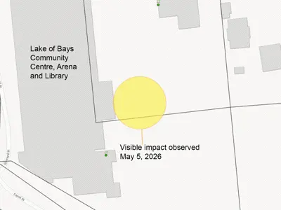 Map showing localized visible impact area on Community Centre property