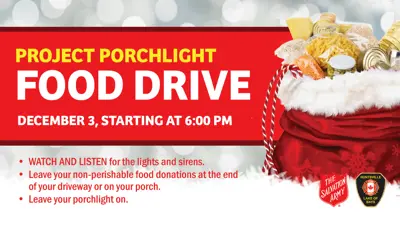 Flyer for Project Porchlight Food Drive on December 3 at 6:00 p.m., showing a red Santa sack filled with non-perishable food. Instructions: turn on your porchlight, leave non-perishable food at the end of your driveway or on your porch, and watch and listen for lights and sirens.