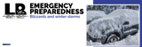  A banner for an emergency preparedness article, titled “Blizzards and winter storms”, displayed over an image of a car completely covered in snow. The banner also includes a logo with the initials “LB” in the top left corner. The scene depicts a heavy winter storm.
