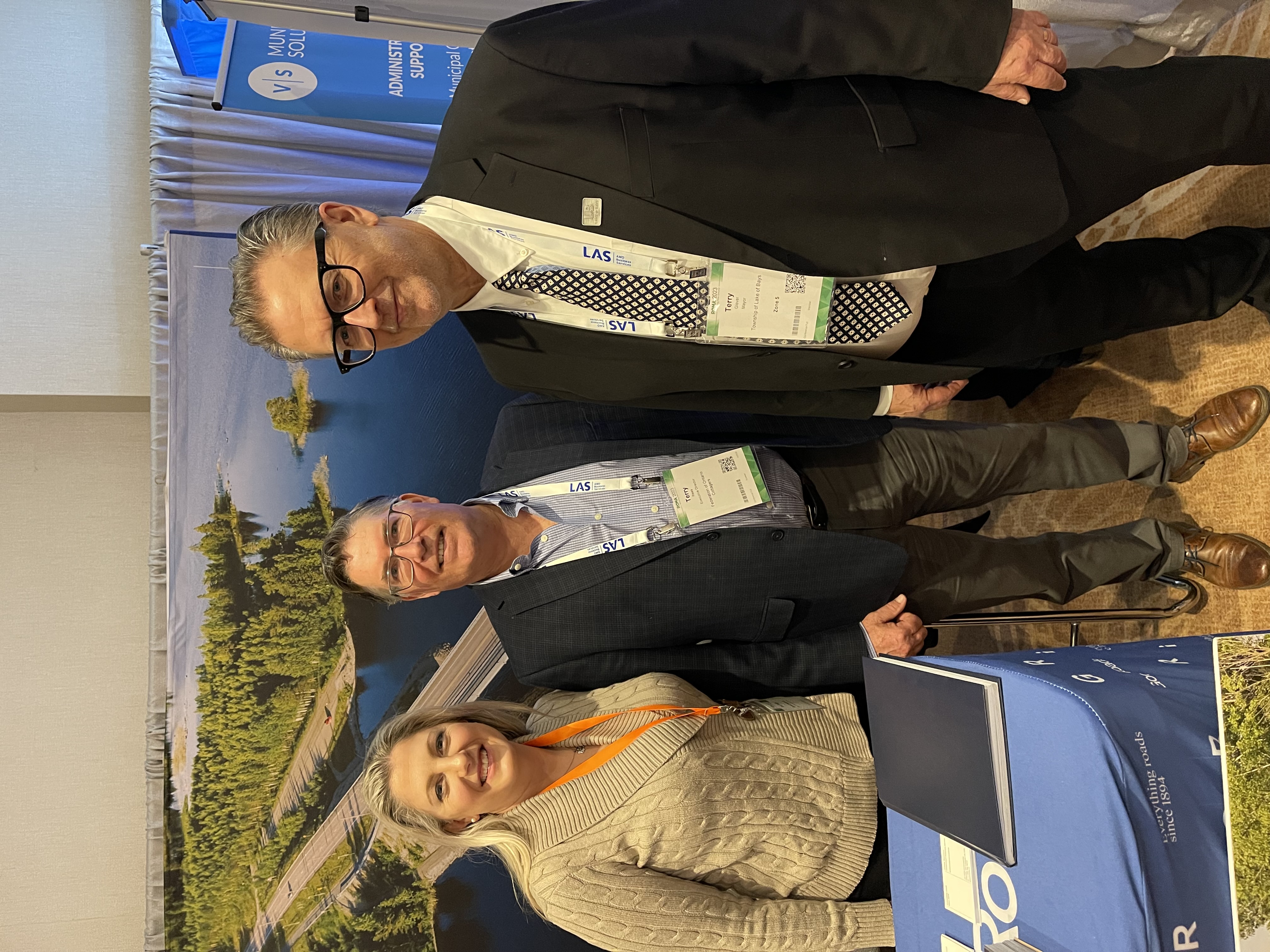 Mayor Terry Glover with Federation of Cottagers' Association Executive Director Terry Rees and Ontario Good Roads Association Communications and Marketing Manager Rachel Swiednicki