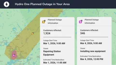 Map showing a planned power outage due to station equipment repairs.