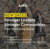 Promotional graphic for AMO’s free workshop series titled Stronger Leaders, Stronger Communities